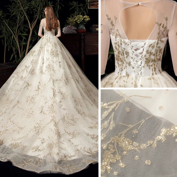 Schöne Ivory / Creme Hochzeits Brautkleider / Hochzeitskleider 2020 Ballkleid Durchsichtige Rundhalsausschnitt 1/2 Ärmel Rückenfreies Applikationen Pailletten Kapelle-Schleppe Rüschen