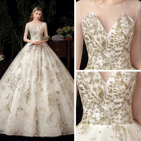 Schöne Ivory / Creme Hochzeits Brautkleider / Hochzeitskleider 2020 Ballkleid Durchsichtige Rundhalsausschnitt 1/2 Ärmel Rückenfreies Applikationen Pailletten Kapelle-Schleppe Rüschen