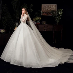 Vintage Elfenben Genomskinliga Brud Bröllopsklänningar 2020 Balklänning Hög Hals 3 4 Ärm Halterneck Appliqués Spets Beading Glittriga Glitter Tyll Chapel Train Ruffle