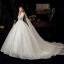 Vintage / Retro Ivory See-through Bridal Wedding Dresses 2020 Ball Gown High Neck 3/4 Sleeve Backless Appliques Lace Beading Glitter Tulle Chapel Train Ruffle