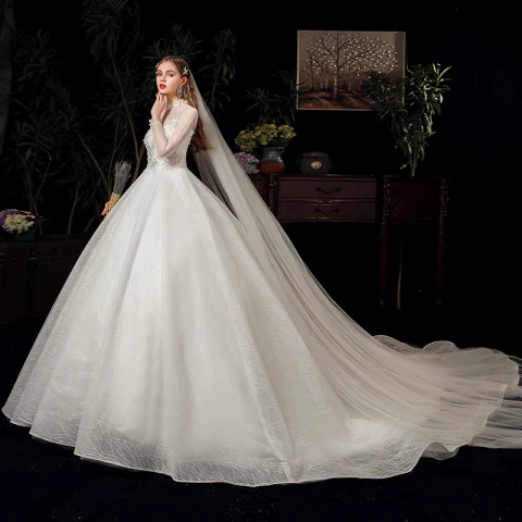 Vintage Ivory / Creme Durchsichtige Hochzeits Brautkleider / Hochzeitskleider 2020 Ballkleid Stehkragen 3/4 Ärmel Rückenfreies Applikationen Spitze Perlenstickerei Glanz Tülle Kapelle-Schleppe Rüschen