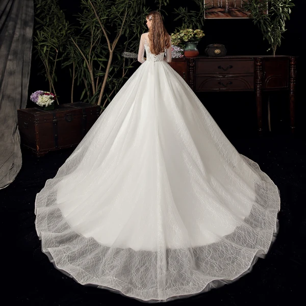 Vintage / Retro Ivory See-through Bridal Wedding Dresses 2020 Ball Gown High Neck 3/4 Sleeve Backless Appliques Lace Beading Glitter Tulle Chapel Train Ruffle