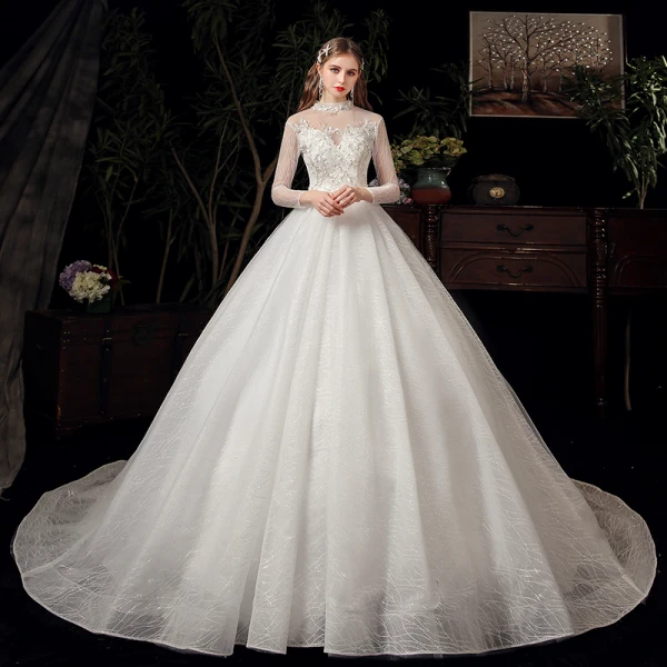 Vintage / Retro Ivory See-through Bridal Wedding Dresses 2020 Ball Gown High Neck 3/4 Sleeve Backless Appliques Lace Beading Glitter Tulle Chapel Train Ruffle