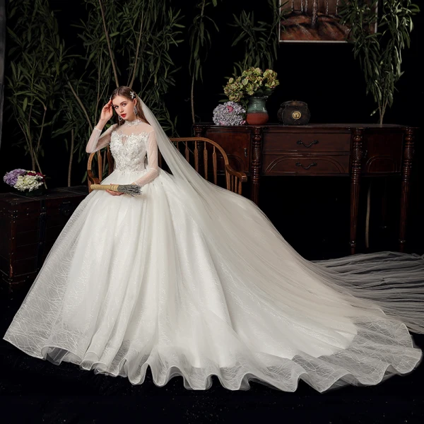 Vintage / Retro Ivory See-through Bridal Wedding Dresses 2020 Ball Gown High Neck 3/4 Sleeve Backless Appliques Lace Beading Glitter Tulle Chapel Train Ruffle