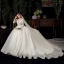 Vintage / Retro Ivory See-through Bridal Wedding Dresses 2020 Ball Gown High Neck 3/4 Sleeve Backless Appliques Lace Beading Glitter Tulle Chapel Train Ruffle