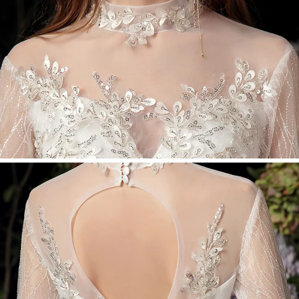 Vintage / Retro Ivory See-through Bridal Wedding Dresses 2020 Ball Gown High Neck 3/4 Sleeve Backless Appliques Lace Beading Glitter Tulle Chapel Train Ruffle