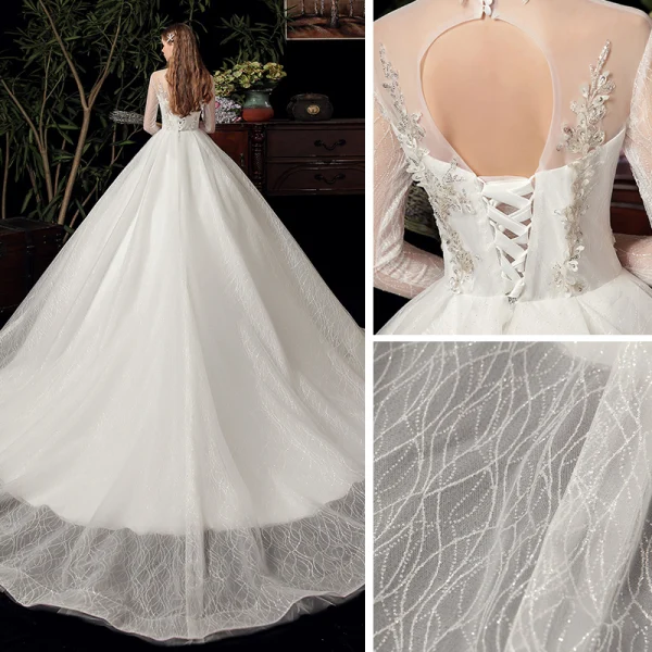 Vintage / Retro Ivory See-through Bridal Wedding Dresses 2020 Ball Gown High Neck 3/4 Sleeve Backless Appliques Lace Beading Glitter Tulle Chapel Train Ruffle