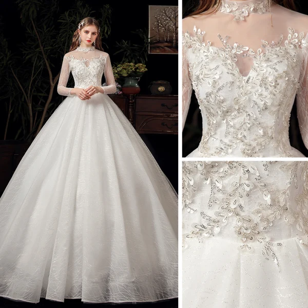 Vintage / Retro Ivory See-through Bridal Wedding Dresses 2020 Ball Gown High Neck 3/4 Sleeve Backless Appliques Lace Beading Glitter Tulle Chapel Train Ruffle