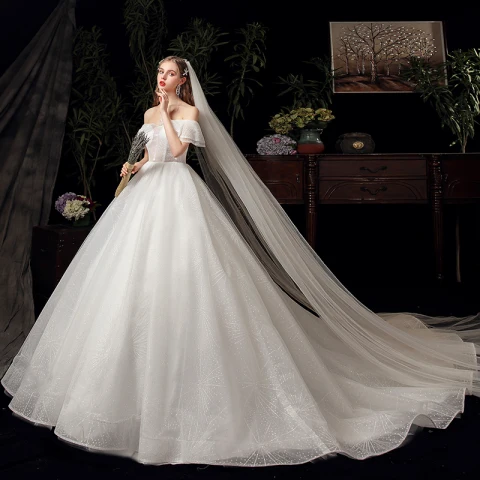 Schöne Ivory / Creme Hochzeits Brautkleider / Hochzeitskleider 2020 Ballkleid Off Shoulder Kurze Ärmel Rückenfreies Glanz Tülle Kapelle-Schleppe Rüschen