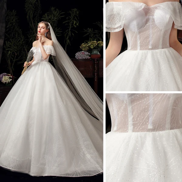 Schöne Ivory / Creme Hochzeits Brautkleider / Hochzeitskleider 2020 Ballkleid Off Shoulder Kurze Ärmel Rückenfreies Glanz Tülle Kapelle-Schleppe Rüschen