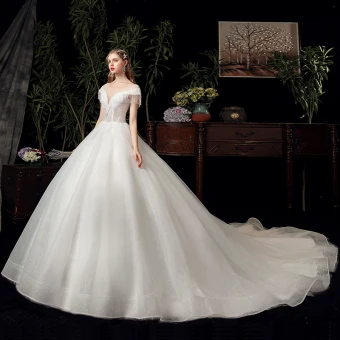 Chic Belle Ivoire Transparentes La Mariée Robe De Mariée 2020 Robe Boule Encolure Dégagée Manches Courtes Dos Nu Perlage Gland Glitter Tulle Chapel Train