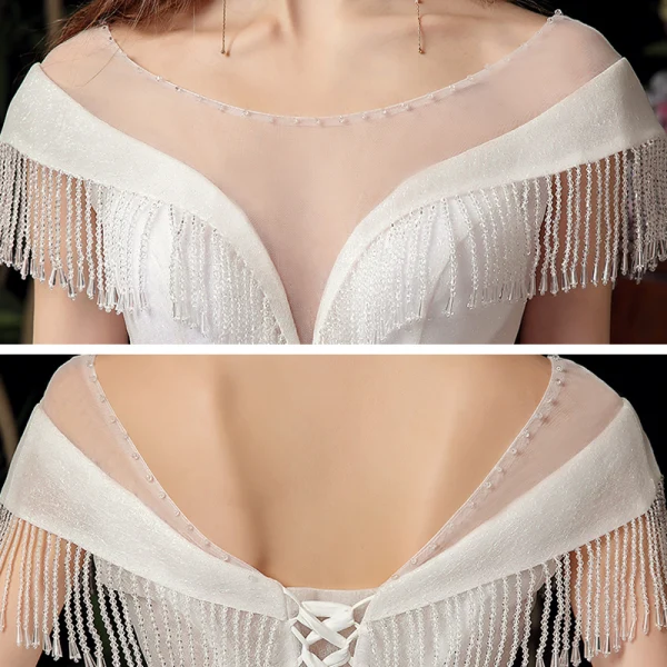 Chic / Belle Ivoire Transparentes La Mariée Robe De Mariée 2020 Robe Boule Encolure Dégagée Manches Courtes Dos Nu Perlage Gland Glitter Tulle Chapel Train