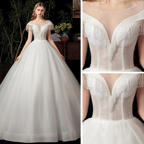 Chic / Belle Ivoire Transparentes La Mariée Robe De Mariée 2020 Robe Boule Encolure Dégagée Manches Courtes Dos Nu Perlage Gland Glitter Tulle Chapel Train