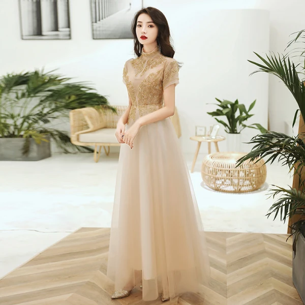Chic / Beautiful Gold See-through Evening Dresses 2020 A-Line / Princess High Neck Short Sleeve Beading Appliques Sequins Floor-Length / Long Ruffle Formal Dresses