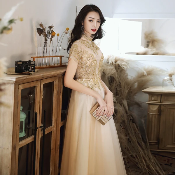 Chic / Beautiful Gold See-through Evening Dresses 2020 A-Line / Princess High Neck Short Sleeve Beading Appliques Sequins Floor-Length / Long Ruffle Formal Dresses