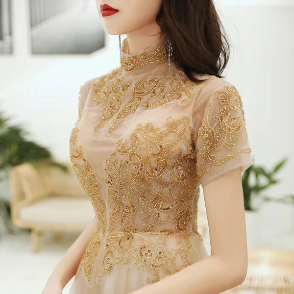 Chic / Beautiful Gold See-through Evening Dresses 2020 A-Line / Princess High Neck Short Sleeve Beading Appliques Sequins Floor-Length / Long Ruffle Formal Dresses