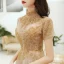 Chic / Beautiful Gold See-through Evening Dresses  2020 A-Line / Princess High Neck Short Sleeve Beading Appliques Sequins Floor-Length / Long Ruffle Formal Dresses