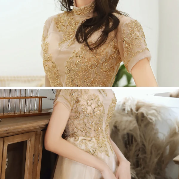 Chic / Beautiful Gold See-through Evening Dresses 2020 A-Line / Princess High Neck Short Sleeve Beading Appliques Sequins Floor-Length / Long Ruffle Formal Dresses