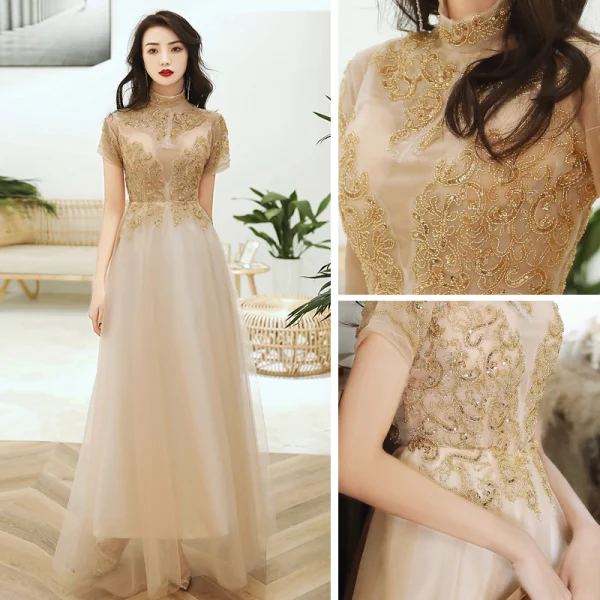 Chic / Beautiful Gold See-through Evening Dresses 2020 A-Line / Princess High Neck Short Sleeve Beading Appliques Sequins Floor-Length / Long Ruffle Formal Dresses