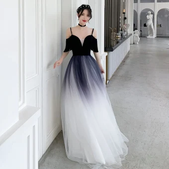 Chic Belle Bleu Marine Dégradé De Couleur Blanche Robe De Soirée 2020 Princesse Bretelles Spaghetti Manches Courtes Ceinture Longue Volants Dos Nu Robe De Ceremonie