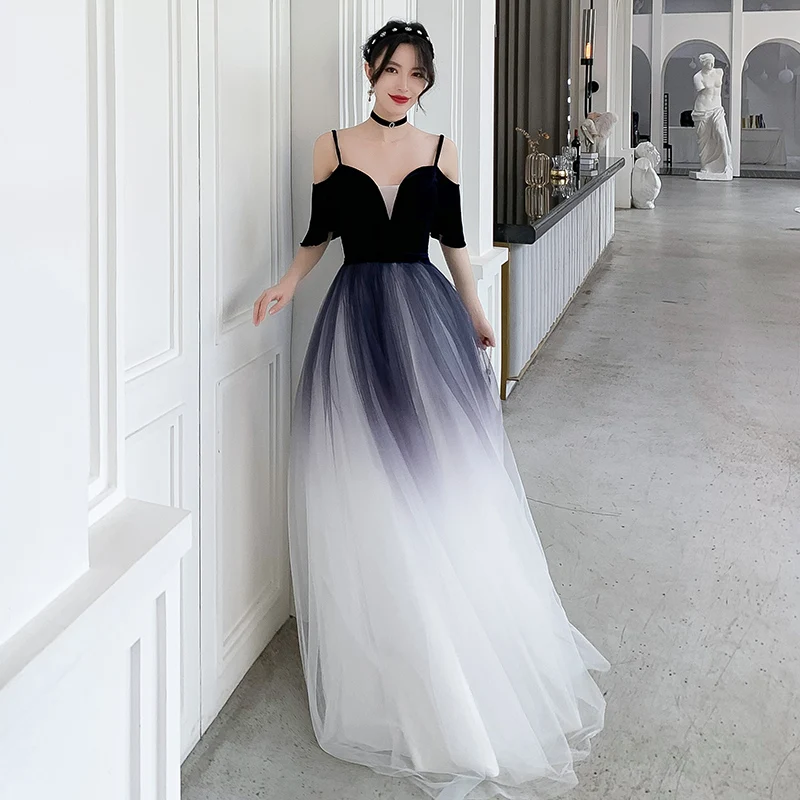 Chic Beautiful Navy Blue Gradient Color White Evening Dresses 2020 A Line  Princess Spaghetti Straps Short Sleeve Sash Floor Length Long Ruffle  Backless Formal Dresses