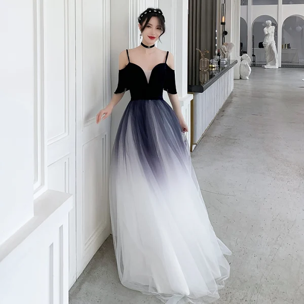 Chic / Beautiful Navy Blue Gradient-Color White Evening Dresses 2020 A-Line / Princess Spaghetti Straps Short Chic / Beautiful Navy Blue Gradient-Color White Evening Dresses 2020 A-Line / Princess Spaghetti Straps Short