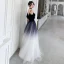 Chic / Belle Bleu Marine Dégradé De Couleur Blanche Robe De Soirée 2020 Princesse Bretelles Spaghetti Manches Courtes Ceinture Longue Volants Dos Nu Robe De Ceremonie
