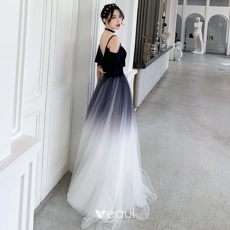 Chic Beautiful Navy Blue Gradient Color White Evening Dresses 2020 A Line Princess Spaghetti Straps Short Sleeve Sash Floor Length Long Ruffle Backless Formal Dresses
