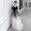 Chic / Belle Bleu Marine Dégradé De Couleur Blanche Robe De Soirée 2020 Princesse Bretelles Spaghetti Manches Courtes Ceinture Longue Volants Dos Nu Robe De Ceremonie