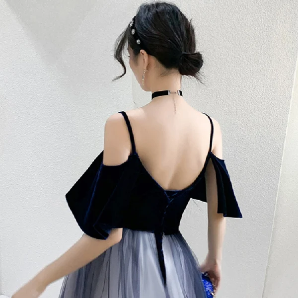 Chic / Belle Bleu Marine Dégradé De Couleur Blanche Robe De Soirée 2020 Princesse Bretelles Spaghetti Manches Courtes Ceinture Longue Volants Dos Nu Robe De Ceremonie