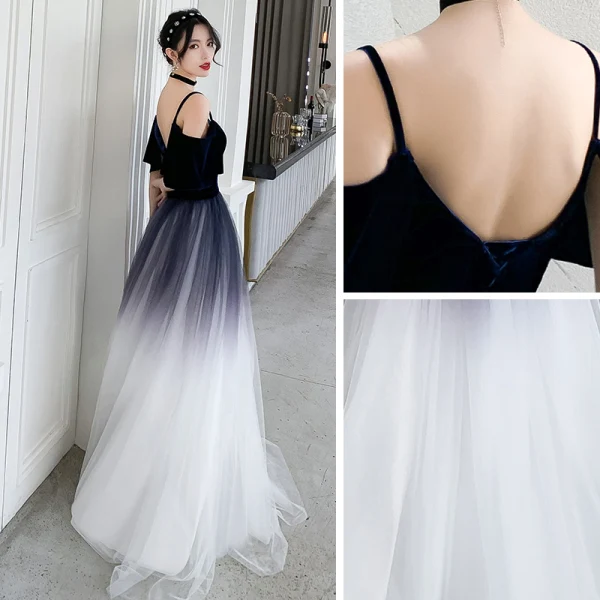 Chic / Belle Bleu Marine Dégradé De Couleur Blanche Robe De Soirée 2020 Princesse Bretelles Spaghetti Manches Courtes Ceinture Longue Volants Dos Nu Robe De Ceremonie