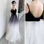 Chic / Belle Bleu Marine Dégradé De Couleur Blanche Robe De Soirée 2020 Princesse Bretelles Spaghetti Manches Courtes Ceinture Longue Volants Dos Nu Robe De Ceremonie