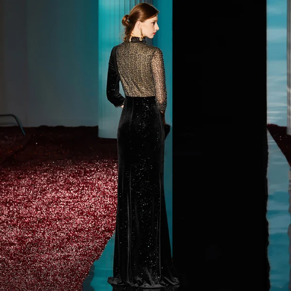 Fashion Black Evening Dresses 2020 Trumpet / Mermaid High Neck 3/4 Sleeve Beading Glitter Polyester Floor-Length / Long Formal Dresses