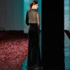 Fashion Black Evening Dresses  2020 Trumpet / Mermaid High Neck 3/4 Sleeve Beading Glitter Polyester Floor-Length / Long Formal Dresses