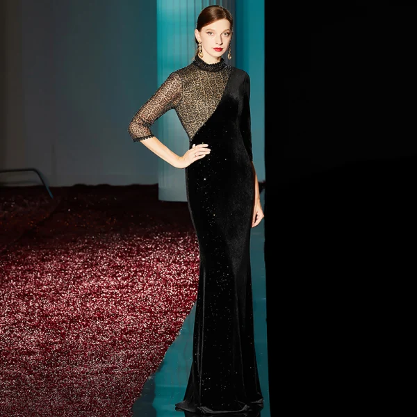 Fashion Black Evening Dresses 2020 Trumpet / Mermaid High Neck 3/4 Sleeve Beading Glitter Polyester Floor-Length / Long Formal Dresses