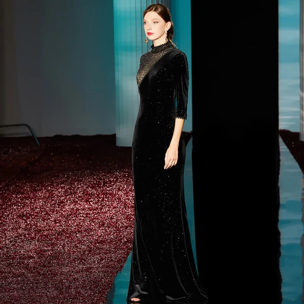 Fashion Black Evening Dresses 2020 Trumpet / Mermaid High Neck 3/4 Sleeve Beading Glitter Polyester Floor-Length / Long Formal Dresses