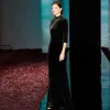 Fashion Black Evening Dresses  2020 Trumpet / Mermaid High Neck 3/4 Sleeve Beading Glitter Polyester Floor-Length / Long Formal Dresses
