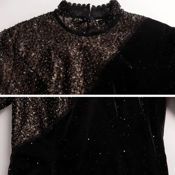 Fashion Black Evening Dresses 2020 Trumpet / Mermaid High Neck 3/4 Sleeve Beading Glitter Polyester Floor-Length / Long Formal Dresses