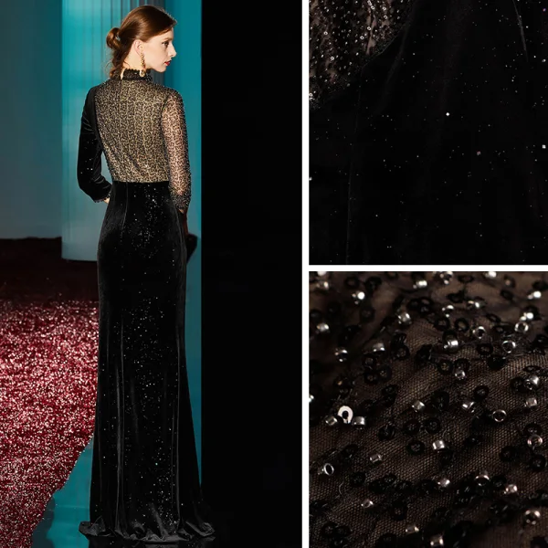 Fashion Black Evening Dresses 2020 Trumpet / Mermaid High Neck 3/4 Sleeve Beading Glitter Polyester Floor-Length / Long Formal Dresses