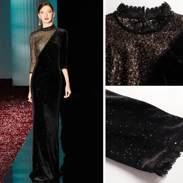 Fashion Black Evening Dresses 2020 Trumpet / Mermaid High Neck 3/4 Sleeve Beading Glitter Polyester Floor-Length / Long Formal Dresses