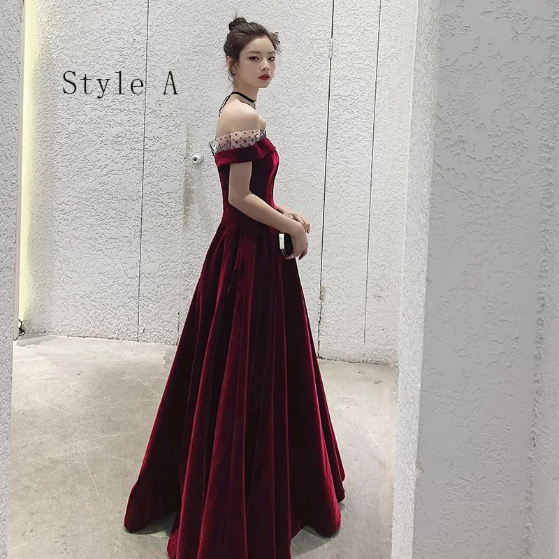 Modest Simple Burgundy Velour Evening Dresses 2020 A Line Princess Off The  Shoulder Short Sleeve Spotted Tulle Floor Length Long Ruffle Backless  Formal Dresses