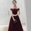 Modest / Simple Burgundy Velour Evening Dresses  2020 A-Line / Princess Off-The-Shoulder Short Sleeve Spotted Tulle Floor-Length / Long Ruffle Backless Formal Dresses
