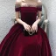 Modest / Simple Burgundy Velour Evening Dresses  2020 A-Line / Princess Off-The-Shoulder Short Sleeve Spotted Tulle Floor-Length / Long Ruffle Backless Formal Dresses