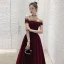 Modest / Simple Burgundy Velour Evening Dresses  2020 A-Line / Princess Off-The-Shoulder Short Sleeve Spotted Tulle Floor-Length / Long Ruffle Backless Formal Dresses