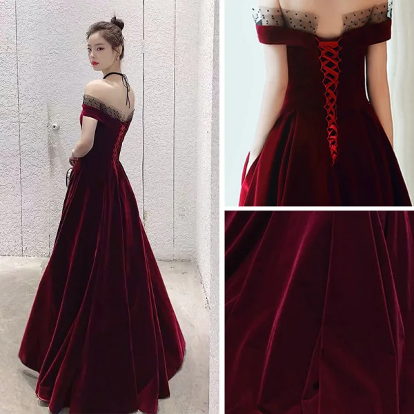 Modest / Simple Burgundy Velour Evening Dresses  2020 A-Line / Princess Off-The-Shoulder Short Sleeve Spotted Tulle Floor-Length / Long Ruffle Backless Formal Dresses