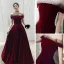 Modest / Simple Burgundy Velour Evening Dresses  2020 A-Line / Princess Off-The-Shoulder Short Sleeve Spotted Tulle Floor-Length / Long Ruffle Backless Formal Dresses