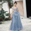 Sexy Sky Blue Evening Dresses  2020 A-Line / Princess Deep V-Neck Spaghetti Straps Sleeveless Appliques Lace Beading Floor-Length / Long Ruffle Backless Formal Dresses
