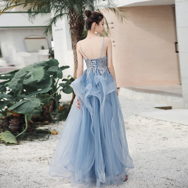 Sexy Sky Blue Evening Dresses  2020 A-Line / Princess Deep V-Neck Spaghetti Straps Sleeveless Appliques Lace Beading Floor-Length / Long Ruffle Backless Formal Dresses