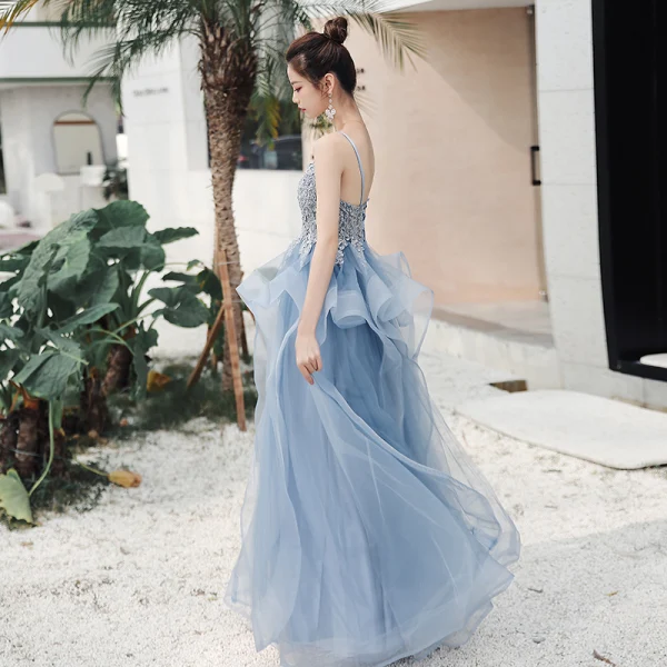 Sexy Sky Blue Evening Dresses  2020 A-Line / Princess Deep V-Neck Spaghetti Straps Sleeveless Appliques Lace Beading Floor-Length / Long Ruffle Backless Formal Dresses