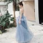 Sexy Sky Blue Evening Dresses  2020 A-Line / Princess Deep V-Neck Spaghetti Straps Sleeveless Appliques Lace Beading Floor-Length / Long Ruffle Backless Formal Dresses